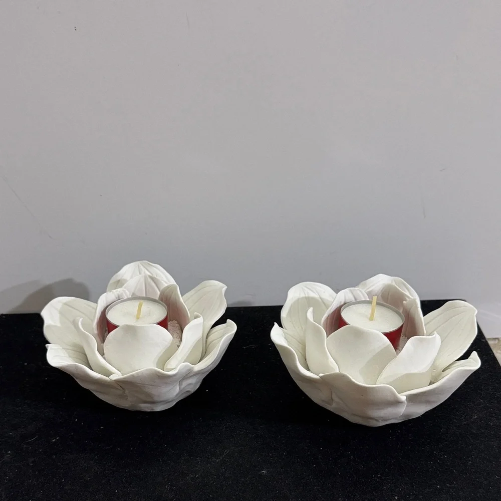 Threshold Tealight Candle Holder Porcelain White Flower Decoration (pair)